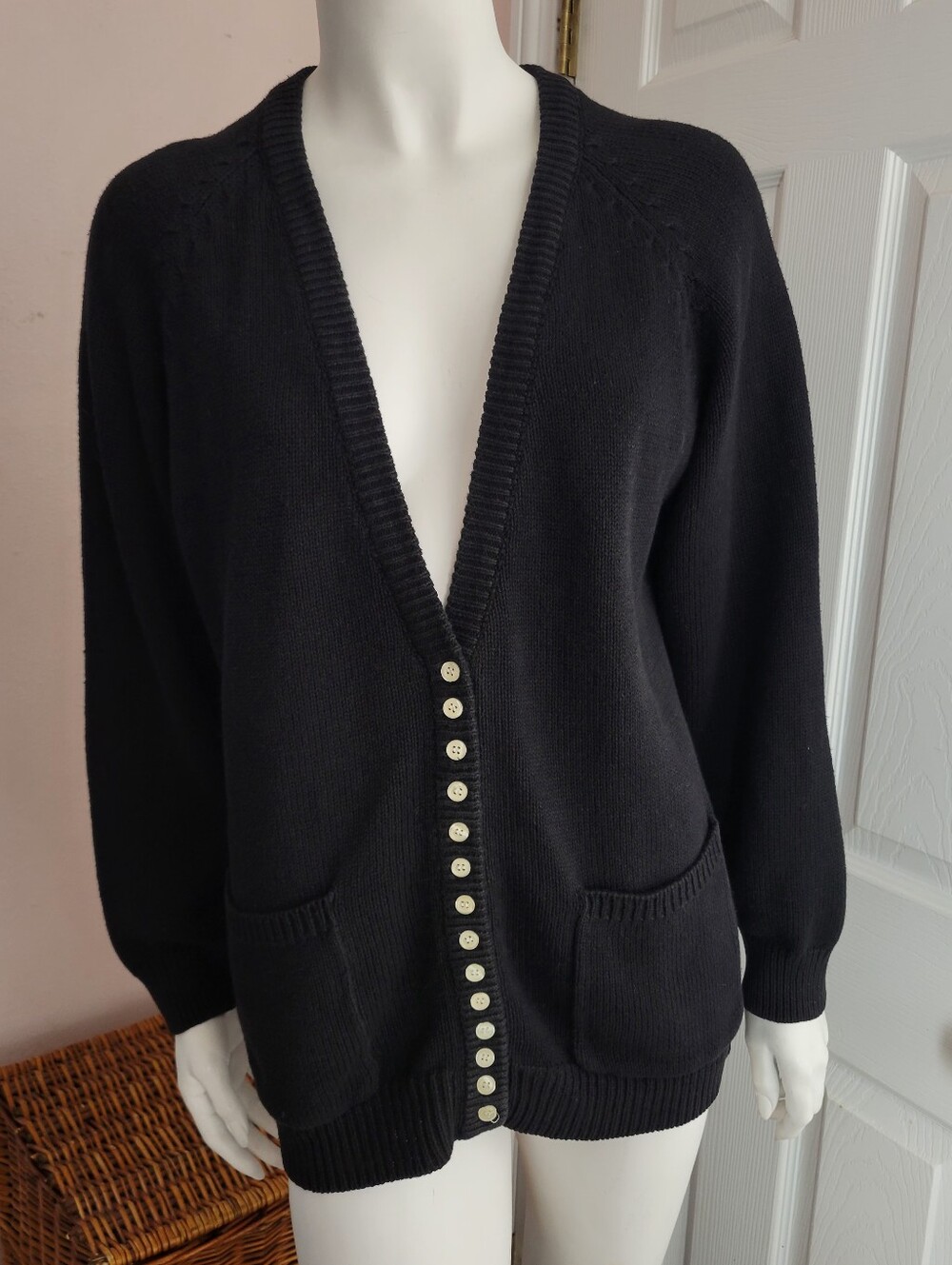 Vintage Baszio Black Ramie Cotton Knit Cardigan Sweater Size M